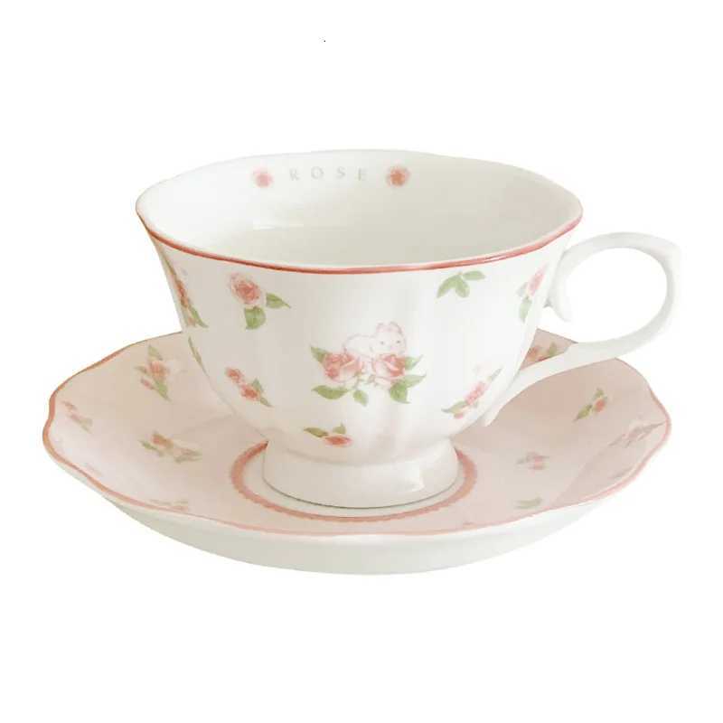 French Rabbit Print Vintage Coffee Cup and Saucer Set Ceramic Cup Cute Girls Afternoon Tea Dim Saucer H251209