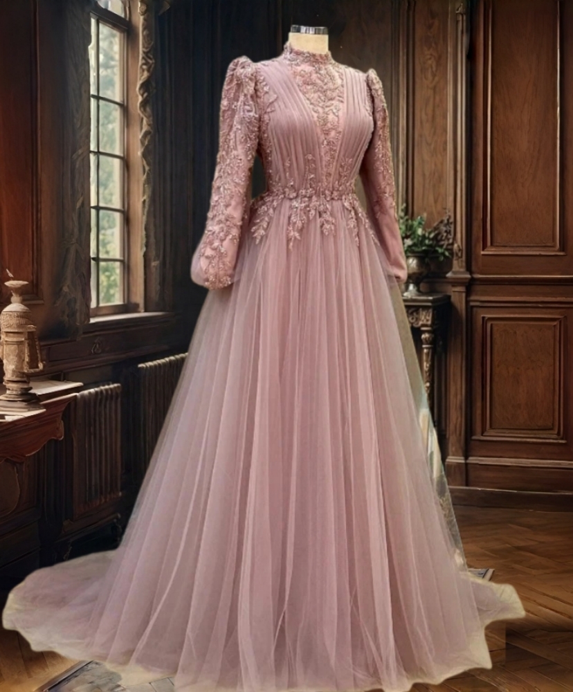 Elegant Muslim Evening Dresses Beaded High Collar Long Sleeves A-Line Pink Tulle Formal Occasion Gowns Pleats Islamic Arabic Prom Dress For Women 2026