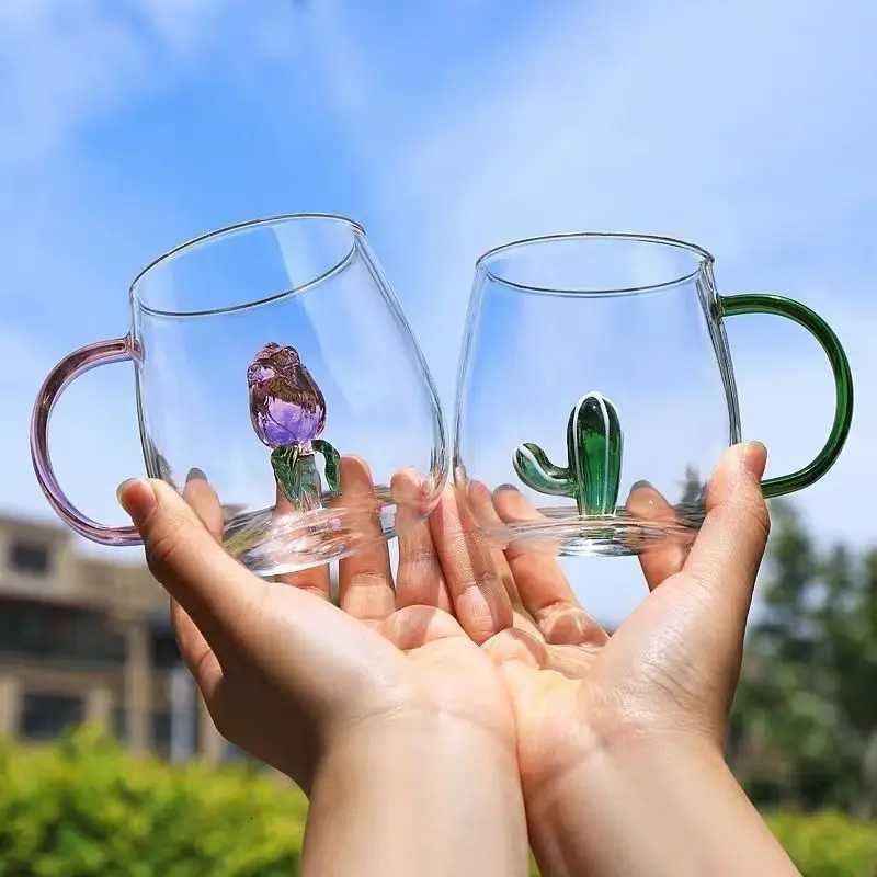 1 PC 400ml 13oz Creative 3D Cactus Rose Duck Flamingo Water g Cup with Handle For Girls Kids Lovers Wedding Gift H251209