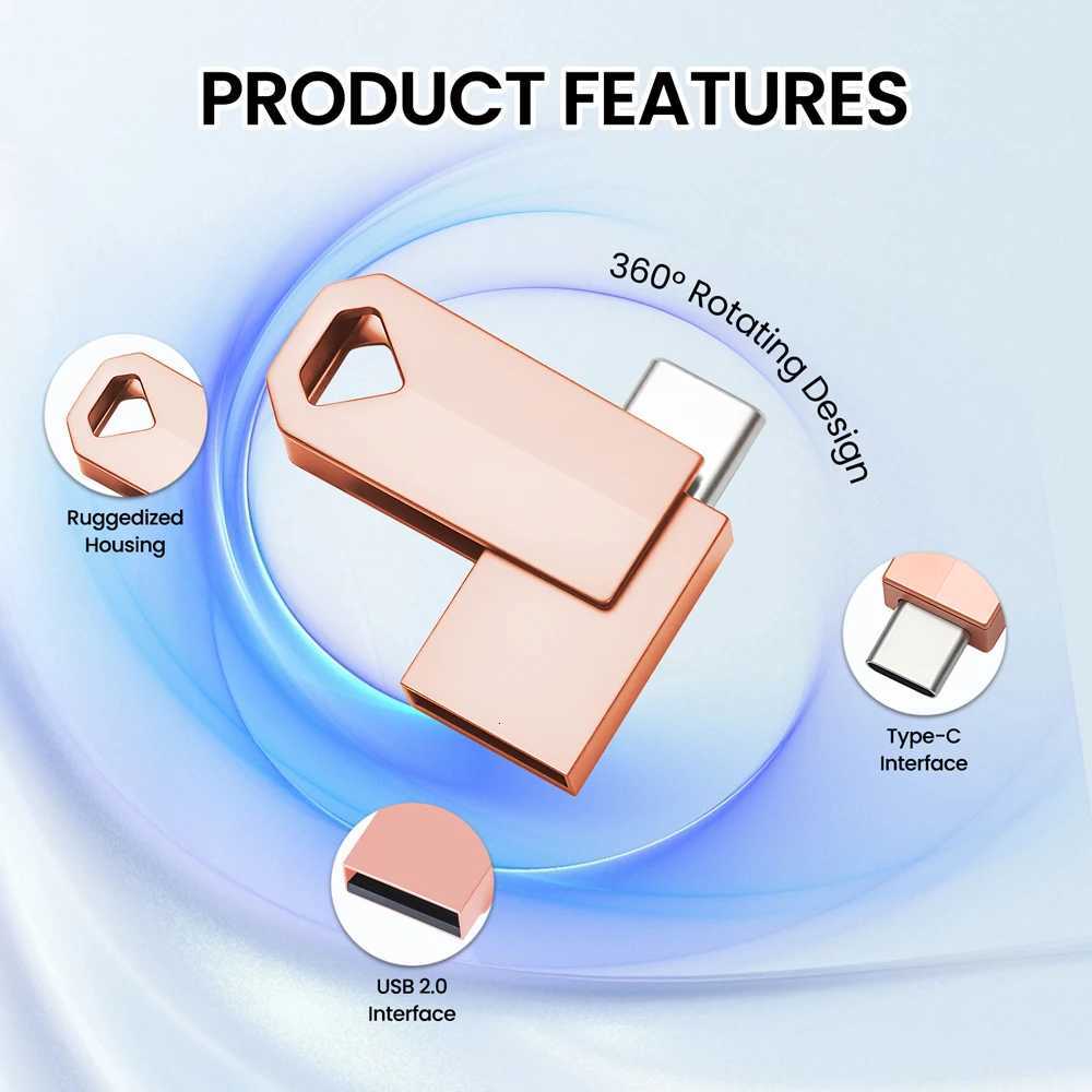 MINI TYPE C 2in1 Metal USB flash drive 128GB 64GB 256GB key chain Pen drive Rose gold Pendrive 32GB 16GB 8GB gift C251209
