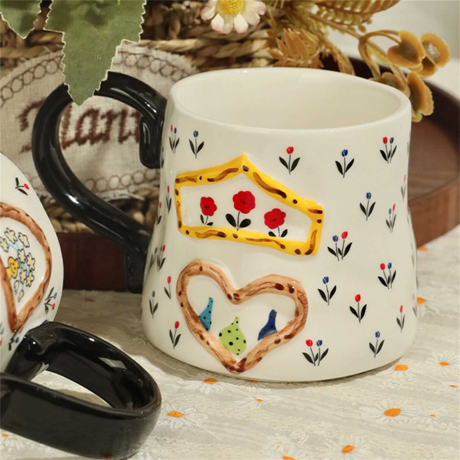 Decorative Ceramic Coffee g 10 oz Hand-Painted Cartoon Design with Handle Mtiple Pattern Styles Flower Milk Cups for Kids H251209