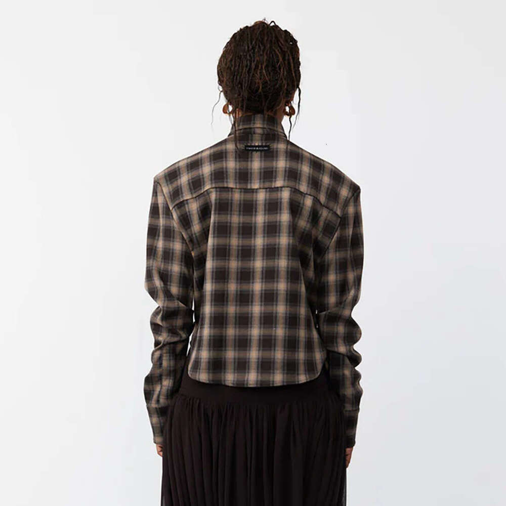 Irregular Slim Fit Long Sleeve Plaid Shirt Cross-Border Padded Shoulder Hot Girl Design Hollow Out Top New Early Autumn B5