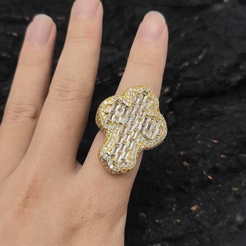 Full Iced Out 925 Sterling Silver Cross Ring Vvs Moissanite Diamond Pass Tester Moissanite Hip Hop Ring
