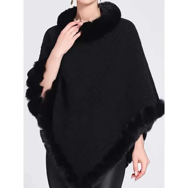 Luxury Elegant thick knit turtleneck with faux fur trim - Womens stylish solid color pullover cape perfect for fall and winter Y251208