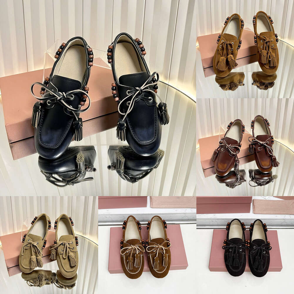 Luxury Suede leather beaded tassel Mocassini loafers slip on round toe flat Fashion ladies boat shoe Simple dress office Vacation casual shoes designer shoe women