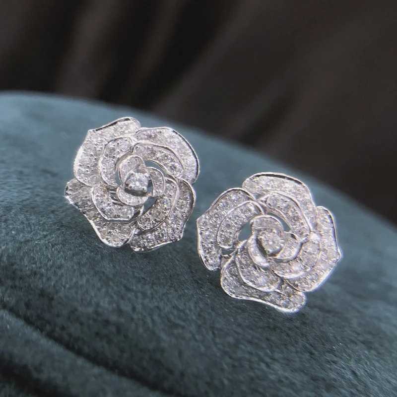 Rose Flower Shape Stud Earrings Micro Paved Zircon 925 Silver Plated Ear Jewelry For Women Temperament Bridal Engagement Banquet H260202