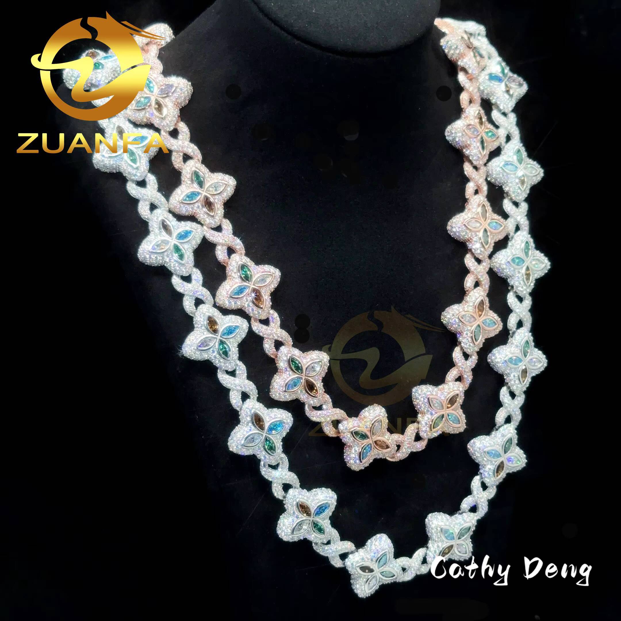 Luxury Color Moissanite Hip Hop Jewelry Marquise Natural Diamond Cuban Link Chain 925 Silver Iced Out Cuban Bracelet Necklace