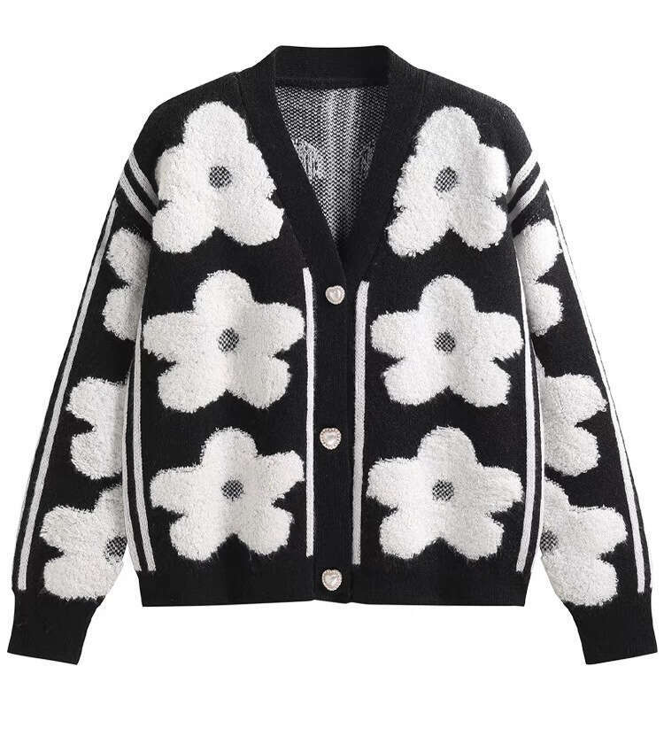 Flocked Flower New Red Knitted Cardigan Women's Design New High-End Chic V-Neck Coat Sweater Mujer Street Fashion Women's Black Sweater