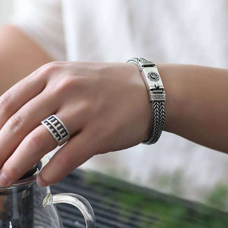 Factory Price 100% Real Solid S925 Silver Hand Woven Heavy Men's Fashion Retro Bracelet Personality Vintage Jewelry - view 5