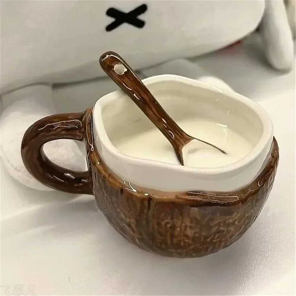 Creative Coconut Shell Shape Ceramic Coffee g Cups with Spoon for Tea Milk Coffee Drink Gift He Off H251209