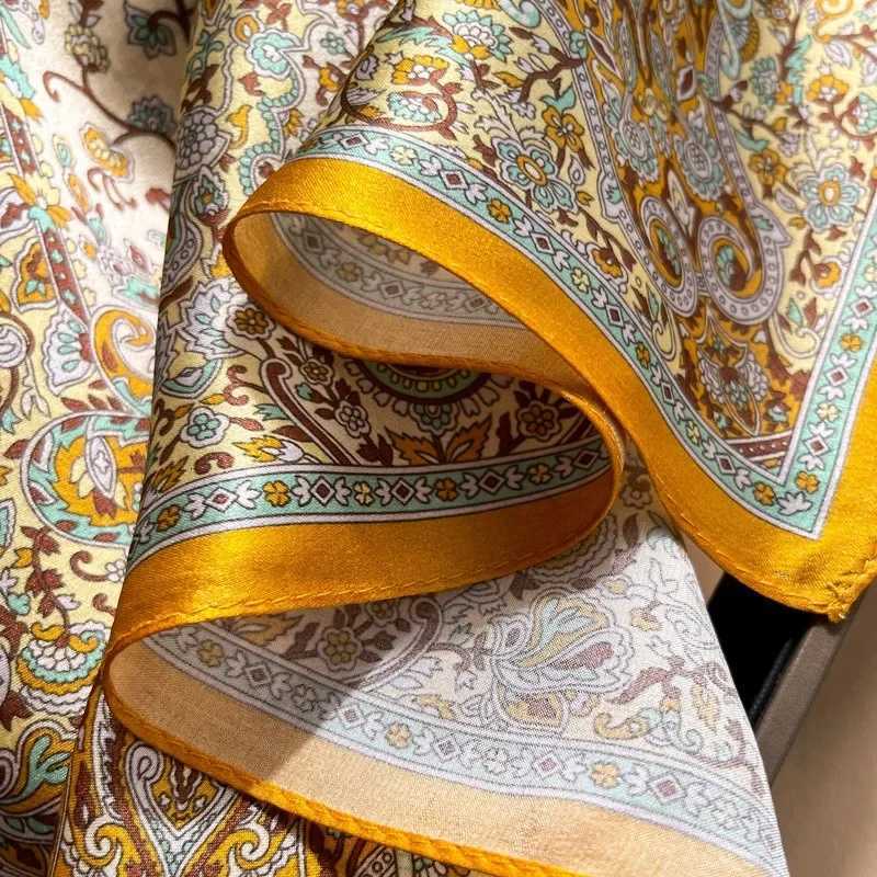 Luxury 68cm Golden Cashew Flower Scarf Womens Spring and Summer Thin Imitation Silk Scarf High-end Light Luxury Shawl Scarfs Headscarf Y251208