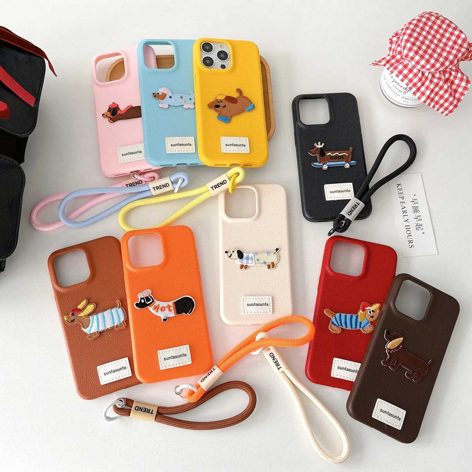Cute Cartoon Dachshund Litchi Pattern Case With Lanyard For IPhone 16 15 14 13 12 Pro Max Lovely Shockproof Soft Cover Funda C251209