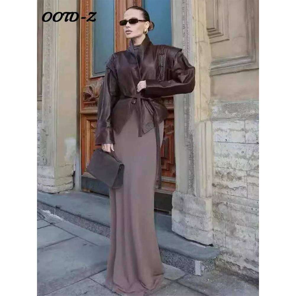 Faux Leather Brown Women Jackets Belt Lace Up Lapel Female Coat Vintage Casual Autumn One Button Long Sleeve Lady Outwear Luxury