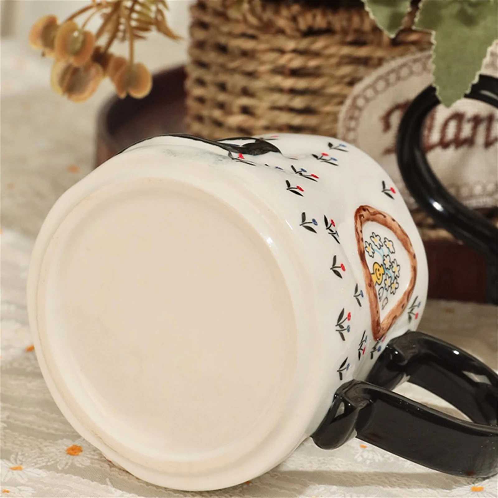 Decorative Ceramic Coffee g 10 oz Hand-Painted Cartoon Design with Handle Mtiple Pattern Styles Flower Milk Cups for Kids H251209