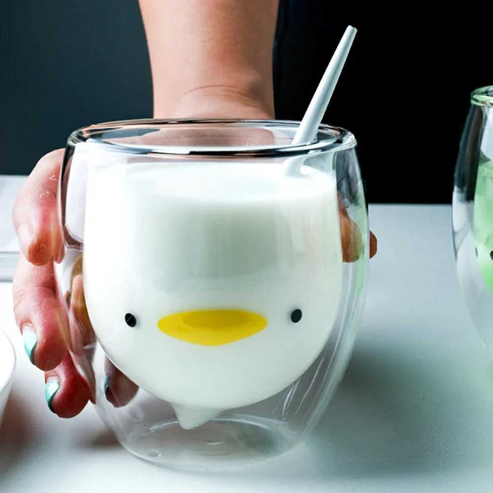 Double Coffee g Coffee Cup Cartoon Cute Bear Cat Duck Cup Anti-Scalding Breakfast Milk Lemon Ju Cups Drinkware H251209
