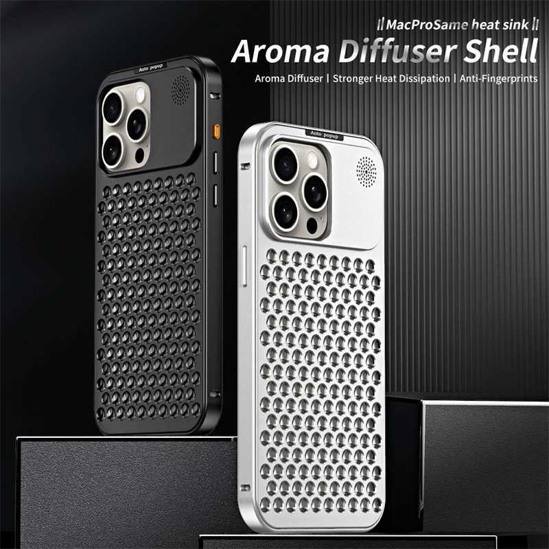 Metal aluminium Hollow Cooling Phone Case for iPhone 17 14 13 12 16 Pro Max 17prax Aratherapy Diffuser Detachable Rear Cover C251209