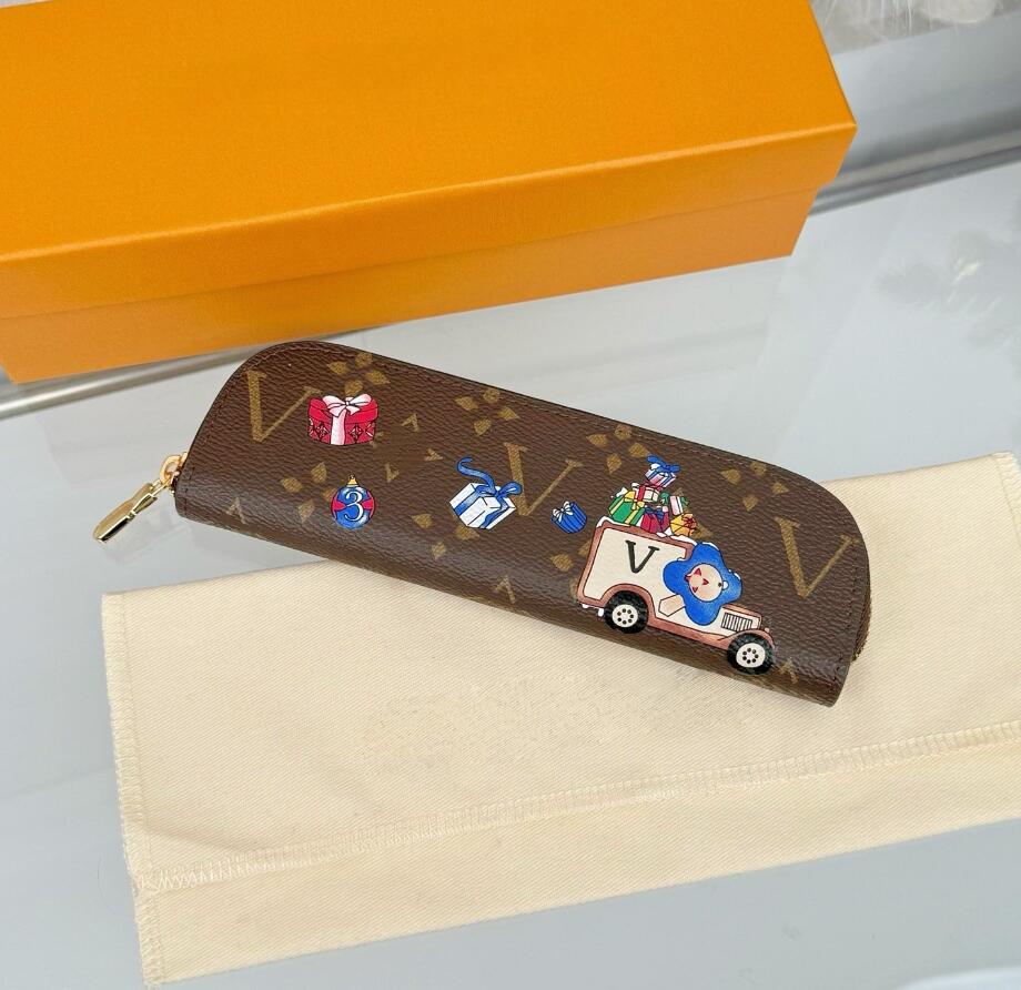 wholesale 17 style designer CHARLOTTE Leather Painted pattern pencil case luxury brown Old flower L letter logo pen bag fashion vintage Pencil Bags with box