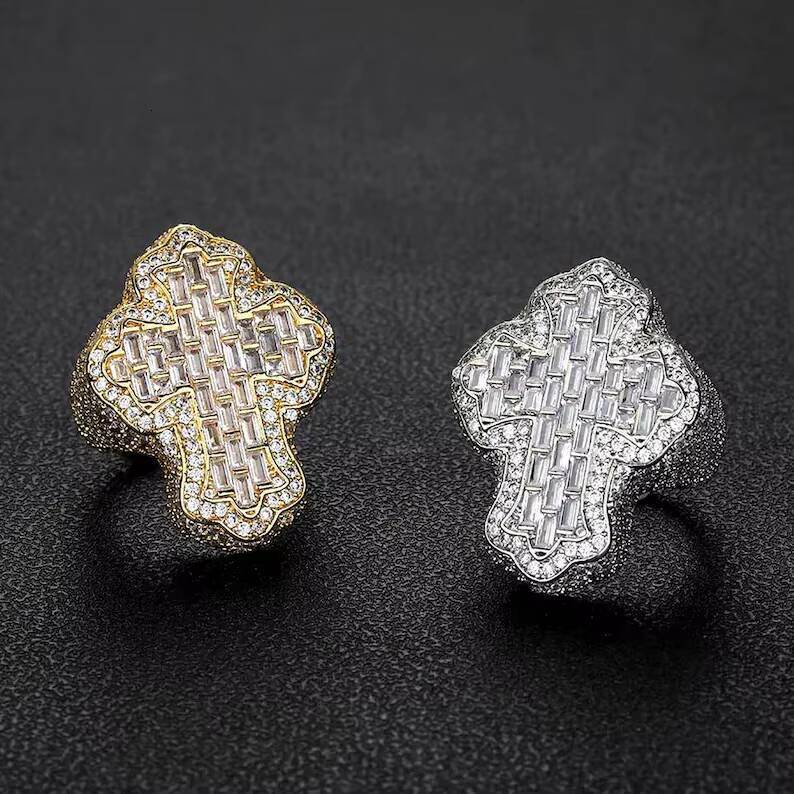 Full Iced Out 925 Sterling Silver Cross Ring Vvs Moissanite Diamond Pass Tester Moissanite Hip Hop Ring