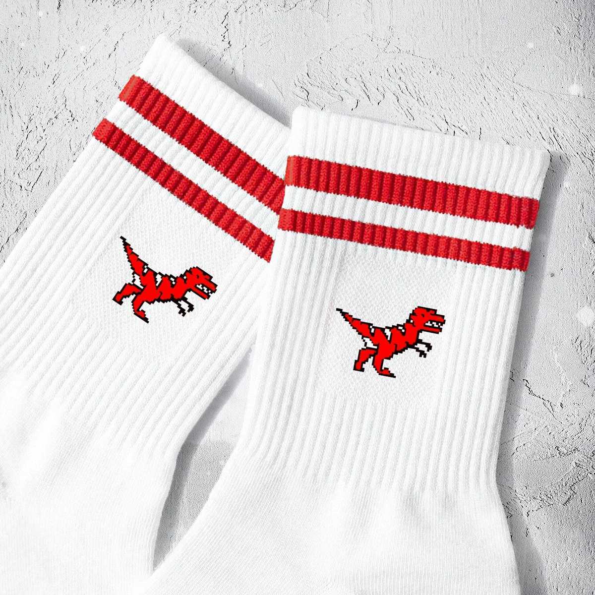 Multiple Pairs of Mens Crew Socks with Dinosaur Patterns White Unique Comfortable Breathable Moisture-WickingT251209