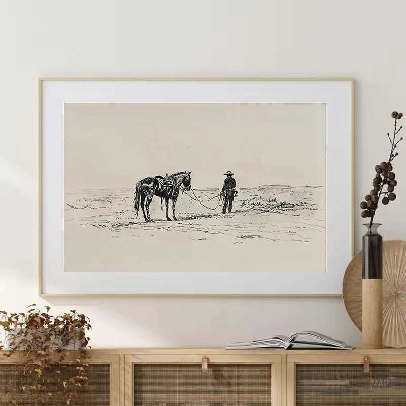 Retro Minimalist Western Cowboys on Horses Sketch Country Farmhouse Poster Canvas Painting Wall Art Pictures He Decor Gift H251208