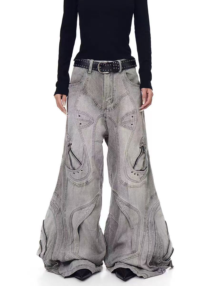 Designer jeans American High Street Design Irregular Cargo Pants for Women, Punk Style Heavy Stitching Scimitar Pants, Autumn 2025