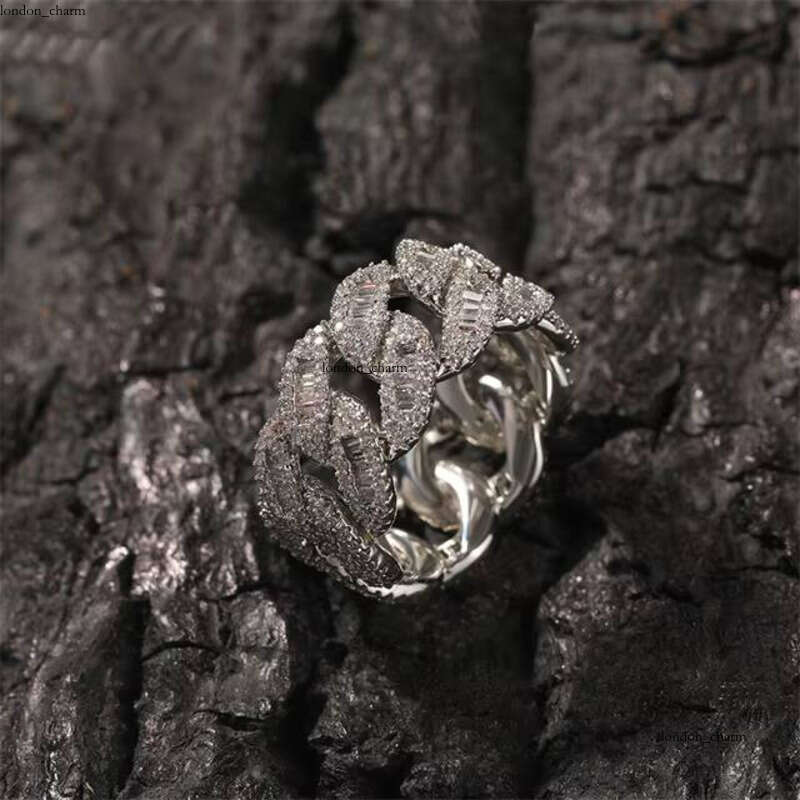 VVS Moissanite Hip-Hop Fashion Chain Men's 12mm Wide 925 Silver Iced Miami Jewelry Cuban Ring Rapper Show