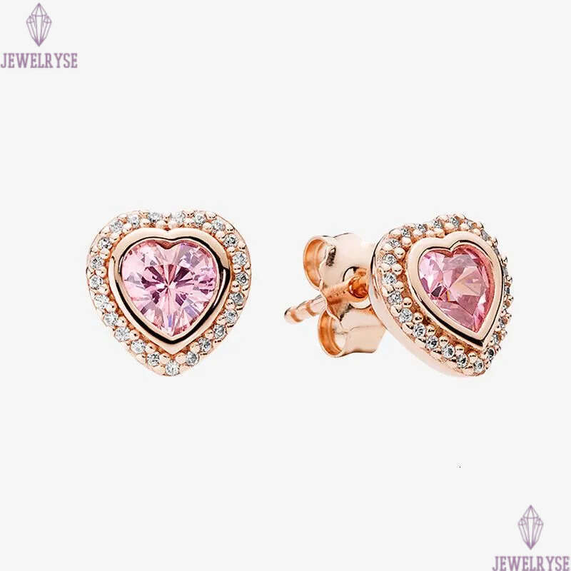Rose Gold Pink Stone Heart Stud Authentic 925 Silver designer Earrings Women Wedding Party Jewelry Crystal earrings with Luxurious Retail Box Set