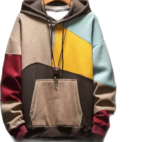 Color Block Hoodie for Men: Autumn/Winter Fleece-Lined Loose Casual Couple-Style Trendy Hooded Jacket/Top