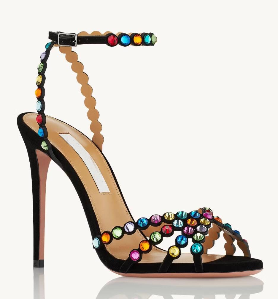 Luxury Designer Tequila Sandals Shoes Women Crystal Embellishment Strappy Stiletto Heels Lady Gladiator Sandalias Bridal Wedding Dress EU35-43