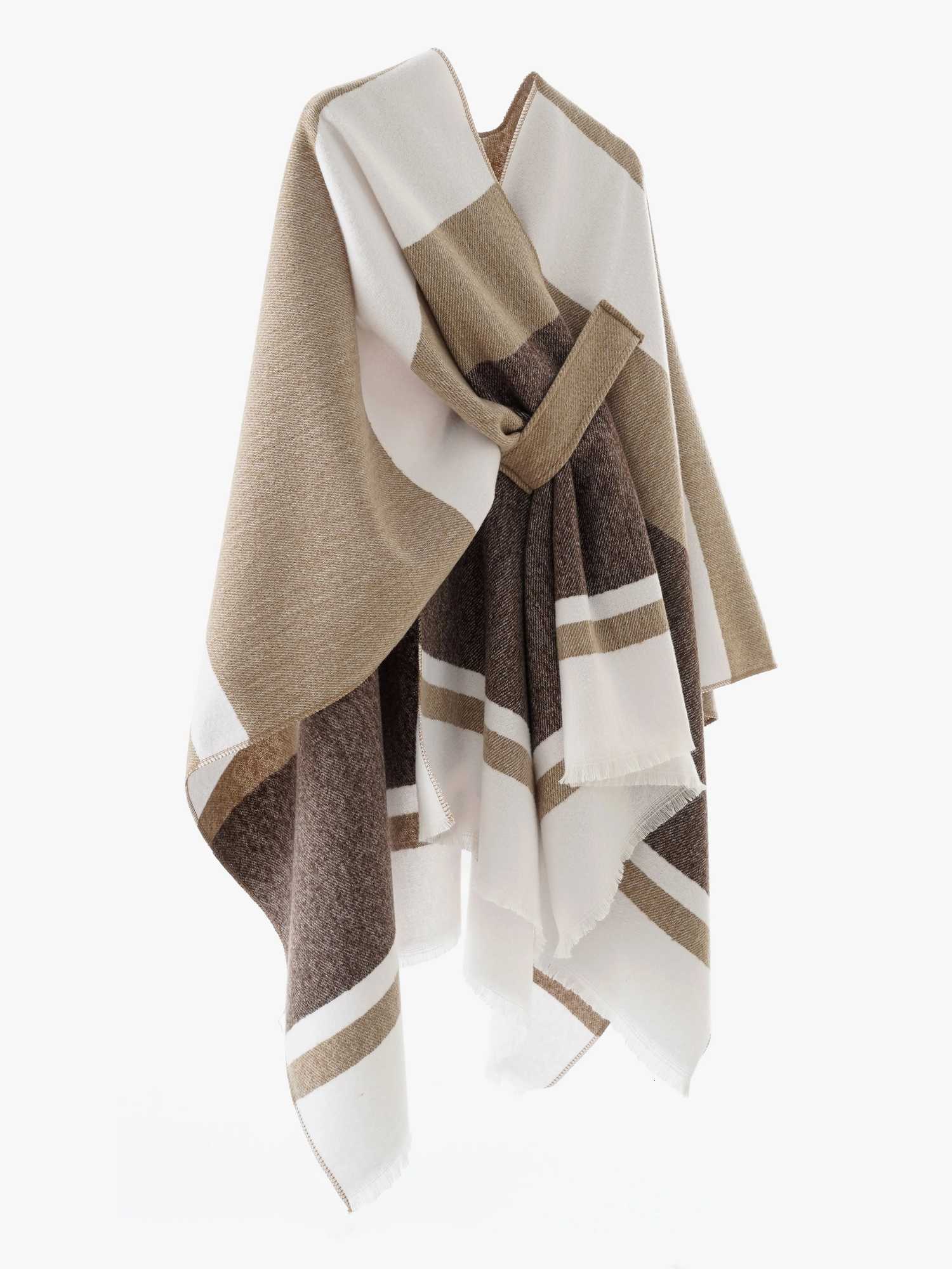 Luxury Geometric Print Shawl - Soft Warm Stylish for Fall Winter Beige Brown White Asymmetrical Design Y251208