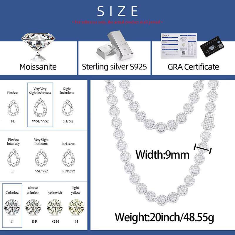 New Design Unisex Gra Certificate Hip Hop 9mm 925 Solid Silver Flawless D Moissanite Diamond Cluster Tennis Necklace