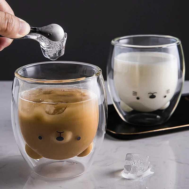 Double Cup Qute Coffee g Bear Cat Dog Transparent Cute Milk Ju Tea Drinking Cups Birthday Party Wine es H251209