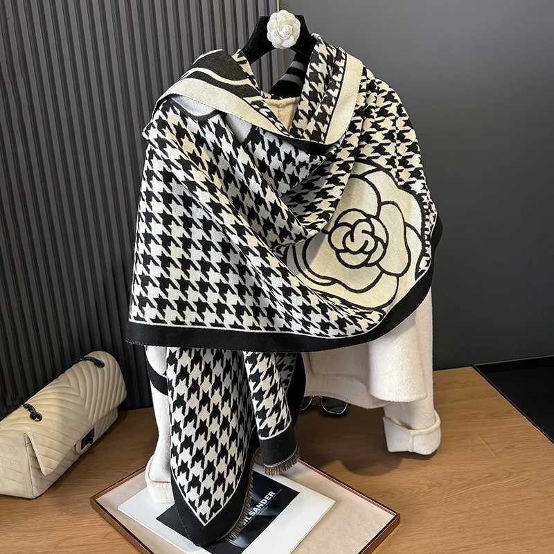 Luxury 2024 Fashion Houndstooth Rose Print Cashmere Women Two-sided Scarf Winter Warm Shawl and Wrap Bandana Pashmina Thick Blanket Y251208