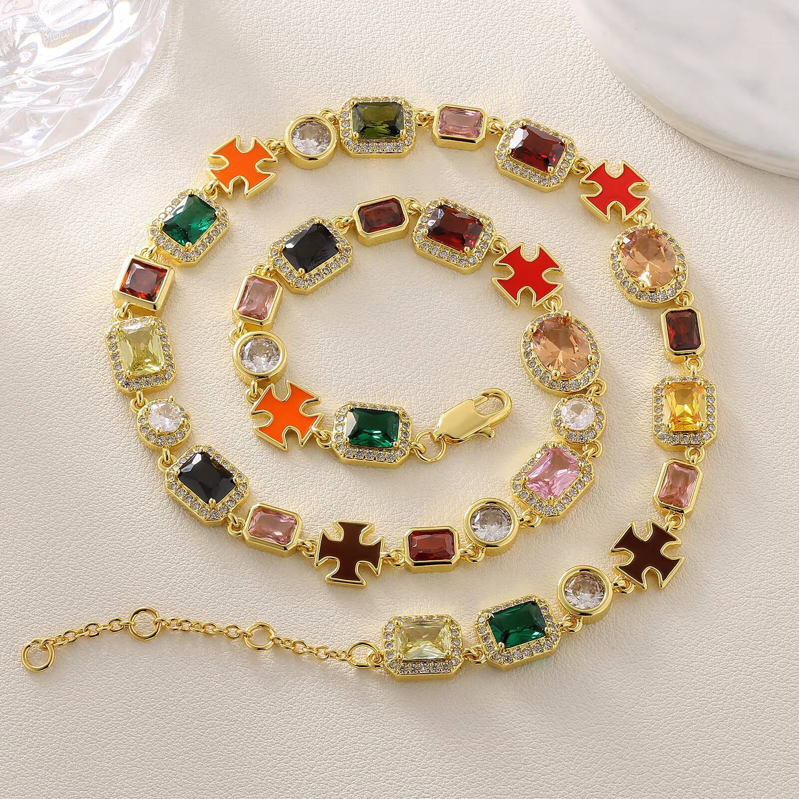 Luxury Vintage Multicolor Cross Gem Stone Chain 18K Gold Plated Men CZ Zirconia Multi Colorful Gemstone Bling Jewelry Necklace