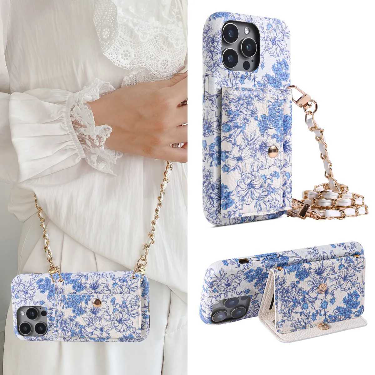 Fashionable PU Leather Case for iPhone 12 11 13 14 15 16e Pro Max Plus Flower pattern Print Adjustable Lanyard Mirror Wallet C251209