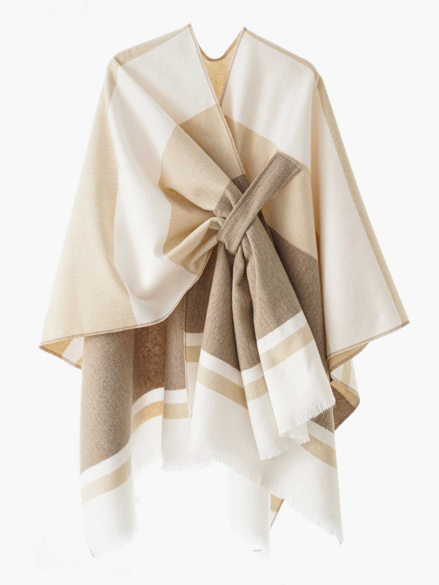 Luxury Geometric Print Shawl - Soft Warm Stylish for Fall Winter Beige Brown White Asymmetrical Design Y251208