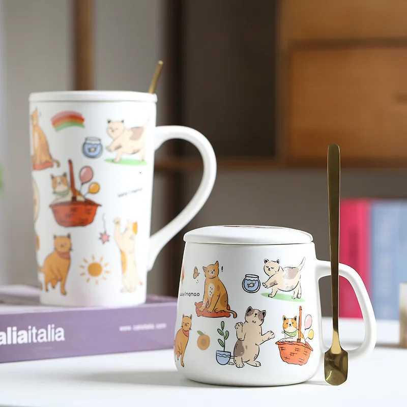Cartoon Cat and Dog Cup Ceramic Drinkware g Coffee g Spoon with Lid Off Breakfast Milk Water gs Couple Desk Decoration H251209
