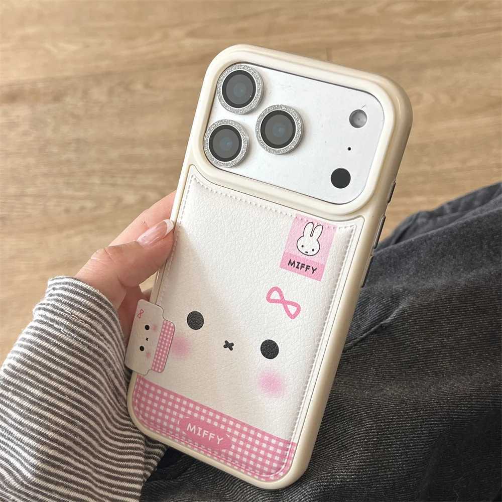 Fashion Leather Plaid Pattern Cute Rabbit phone case For iPhone 16 Pro Max 15 14 13 17 Pro With Lanyard Cartoon Protective Cover C251209