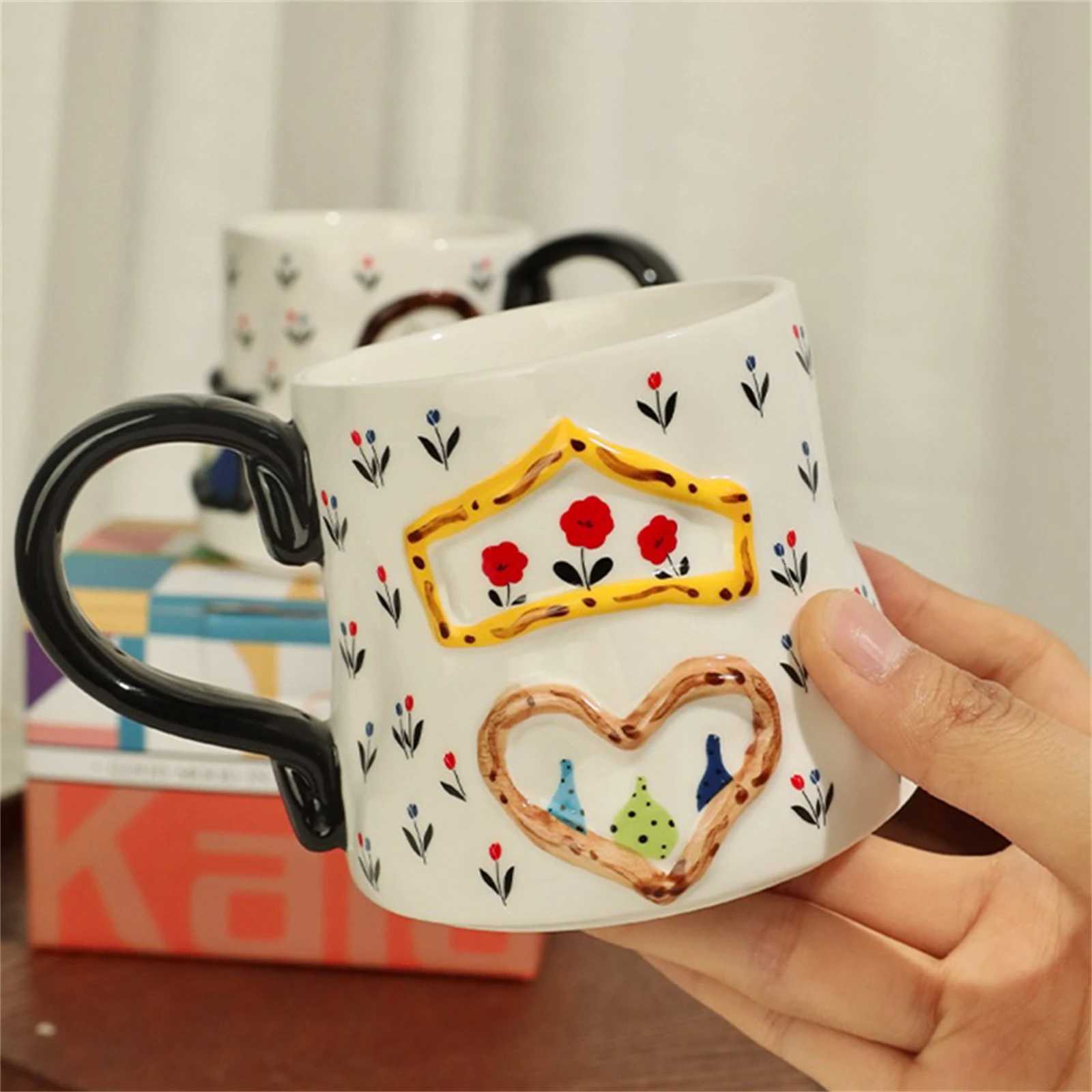 Decorative Ceramic Coffee g 10 oz Hand-Painted Cartoon Design with Handle Mtiple Pattern Styles Flower Milk Cups for Kids H251209