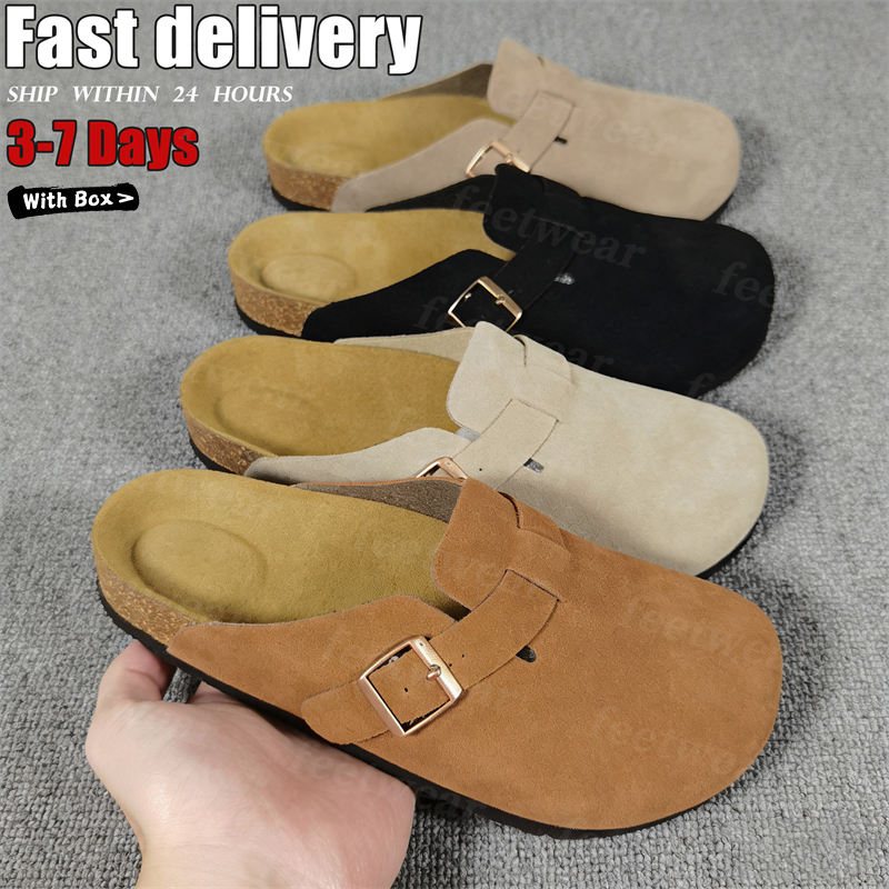 Designer Slides Slippers for Men Boston clog sandals Arizona Soft footbed Suede Sandals Summer Beach Flats Slipper chestnut Big Buckle Shearling Womens Mens Shoes