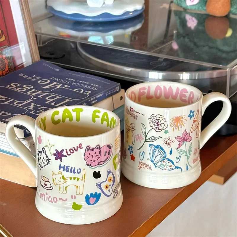 French Style Ceramic g Creative Cute Printed Cat Pattern Household Breakfast Milk Ju Afternoon Tea Coffee Cups H251209