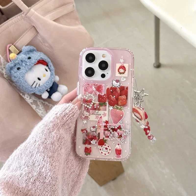 ins Korean Cute Strawberry Sticker Bling Glitter Phone Case For iPhone 16 15 14 13 Pro Max Hard IMD Cover C251209