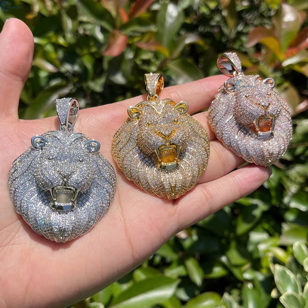 Luxury Moissanite Lion Pendant 925 Sterling Silver Iced Out Hip Hop Bling King Head Necklace Gift