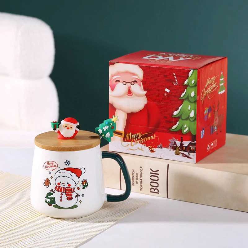 Hot-selling Christmas ceramic cups Christmas gifts cute covered spoon milk cups off coffee cups H251209