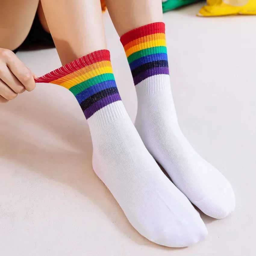 Unisex Stripes Mid Men Socks Women Girls Harajuku Colorful Funny Socks Men Cotton Rainbow ColorT251209