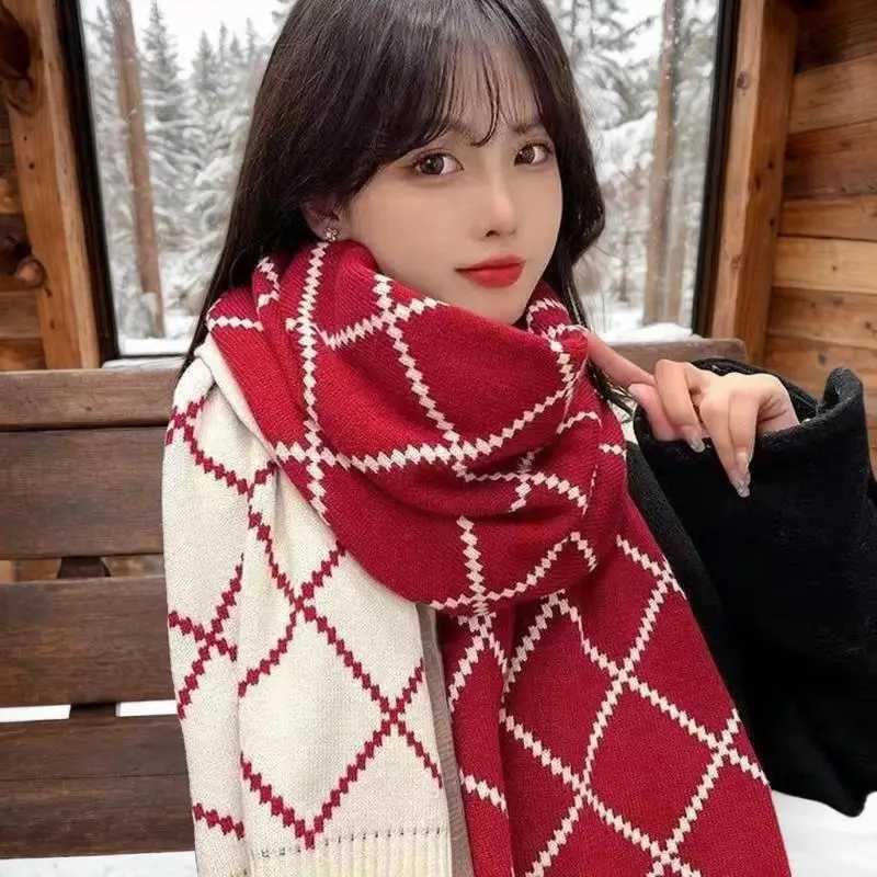 Luxury Womens Red Winter Scarf - Korean Style Plaid Knit Wool Neck Warmer Fashion Student Casual Warm Soft Wrap Mountaineering Scarf Y251208
