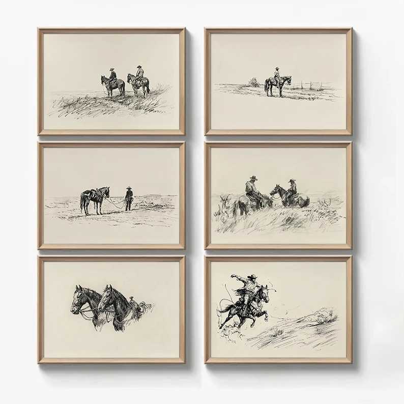 Retro Minimalist Western Cowboys on Horses Sketch Country Farmhouse Poster Canvas Painting Wall Art Pictures He Decor Gift H251208