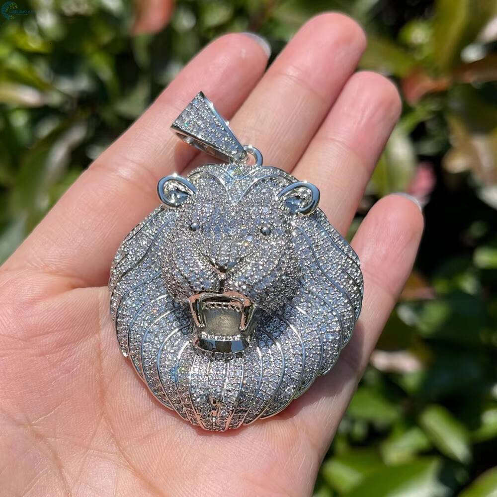 Luxury Moissanite Lion Pendant 925 Sterling Silver Iced Out Hip Hop Bling King Head Necklace Gift