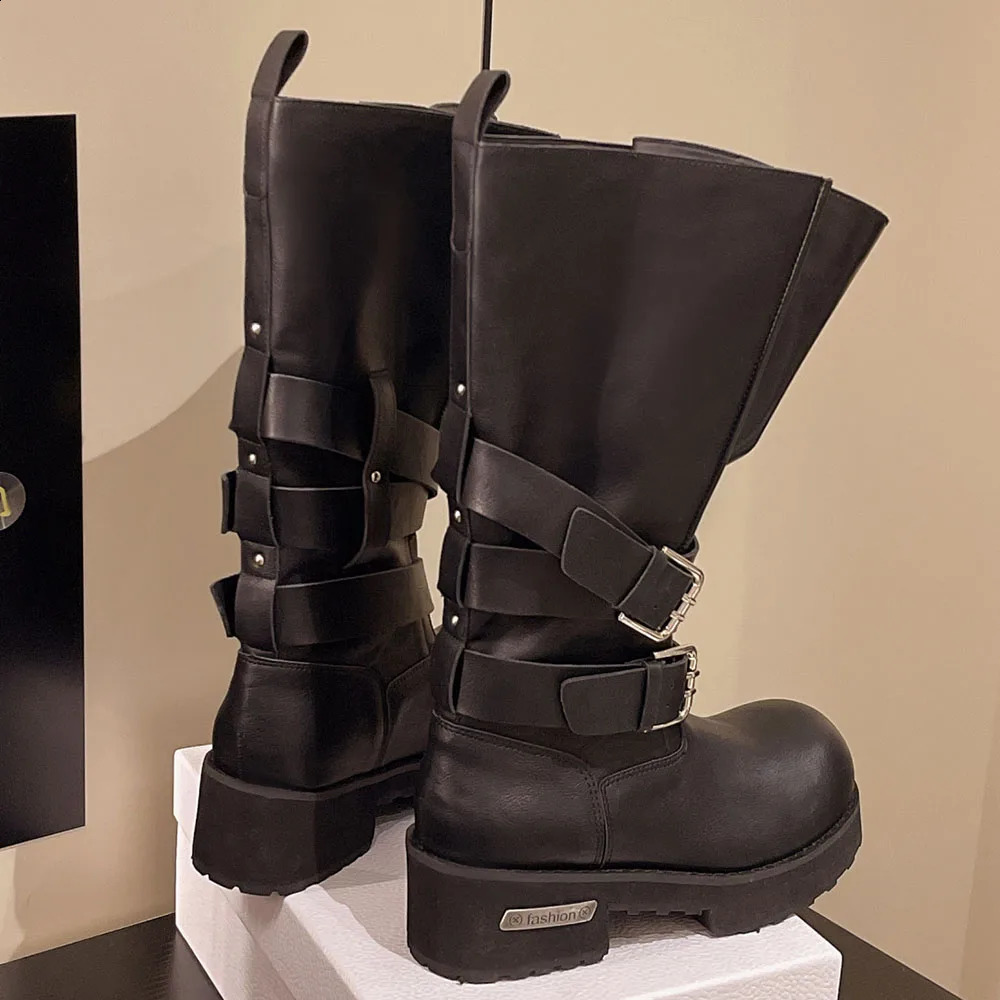 2025 Big Size 42 Womens Punk Motorcycle Boots Fashion Black Big Toe Platform Chunky Heels Mid-calf Boots Shoes 251201