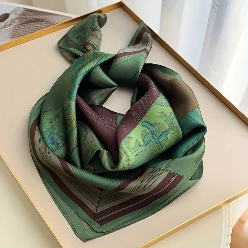 Luxury 2025 New Green Print Square Scarf Simulated Silk Thin Satin Neck Scarf Elegant Ladies Professional Decorative Small Scarf Y251208